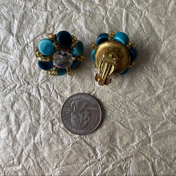 Vintage Japan Teal & Yellow Clip On Earrings - Picture 6 of 6